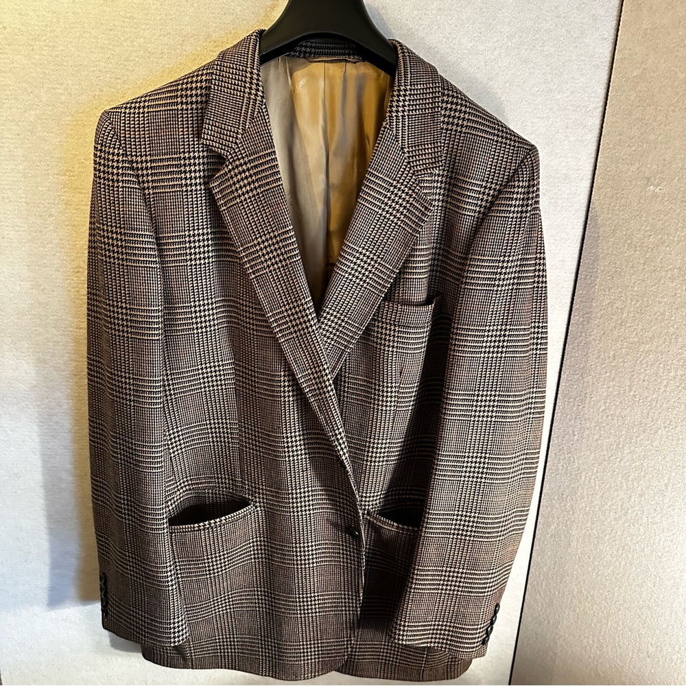 Vintage Nieman Marcus Envoy Tan Wool Navy Plaid Blazer